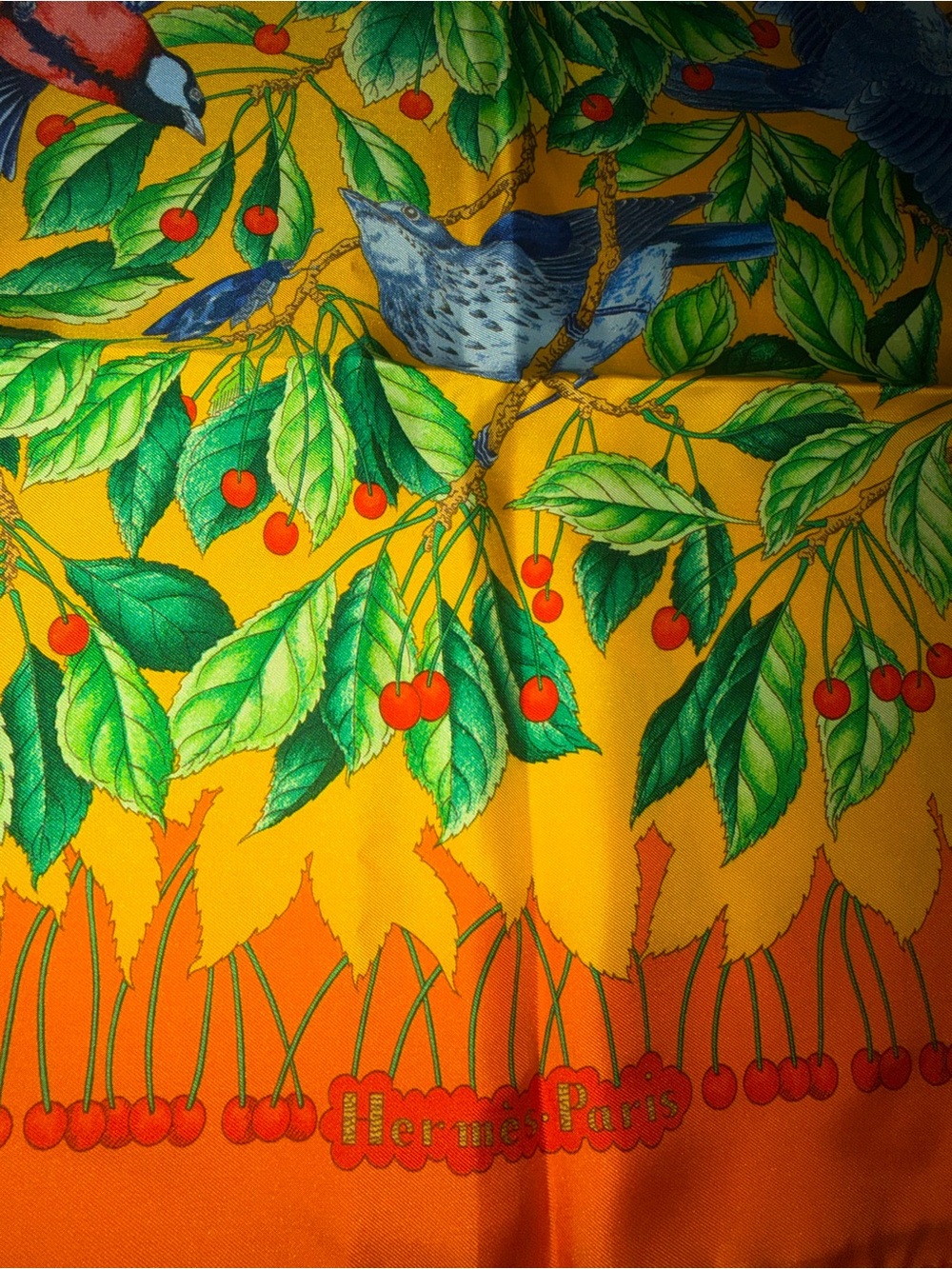 Hermes Orange Yellow Silk Scarf with Green Leaf & Red Cherry Motif - Picture 3 of 3